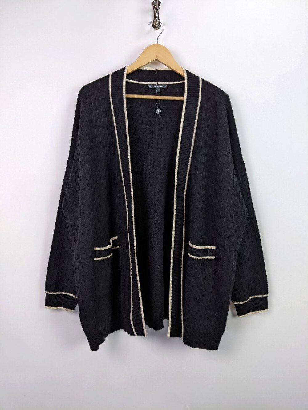Adrianna Papell Womens Black Open Front Cardigan Ivory Stripe Trim Size XL